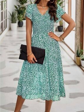 Women Casual Summer Short Ruffles Tiered Sleeve Midi Dresses size M